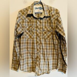 Wrangler 20X Tan & Blue Pearl Snap Western Cowboy Button Down Medium